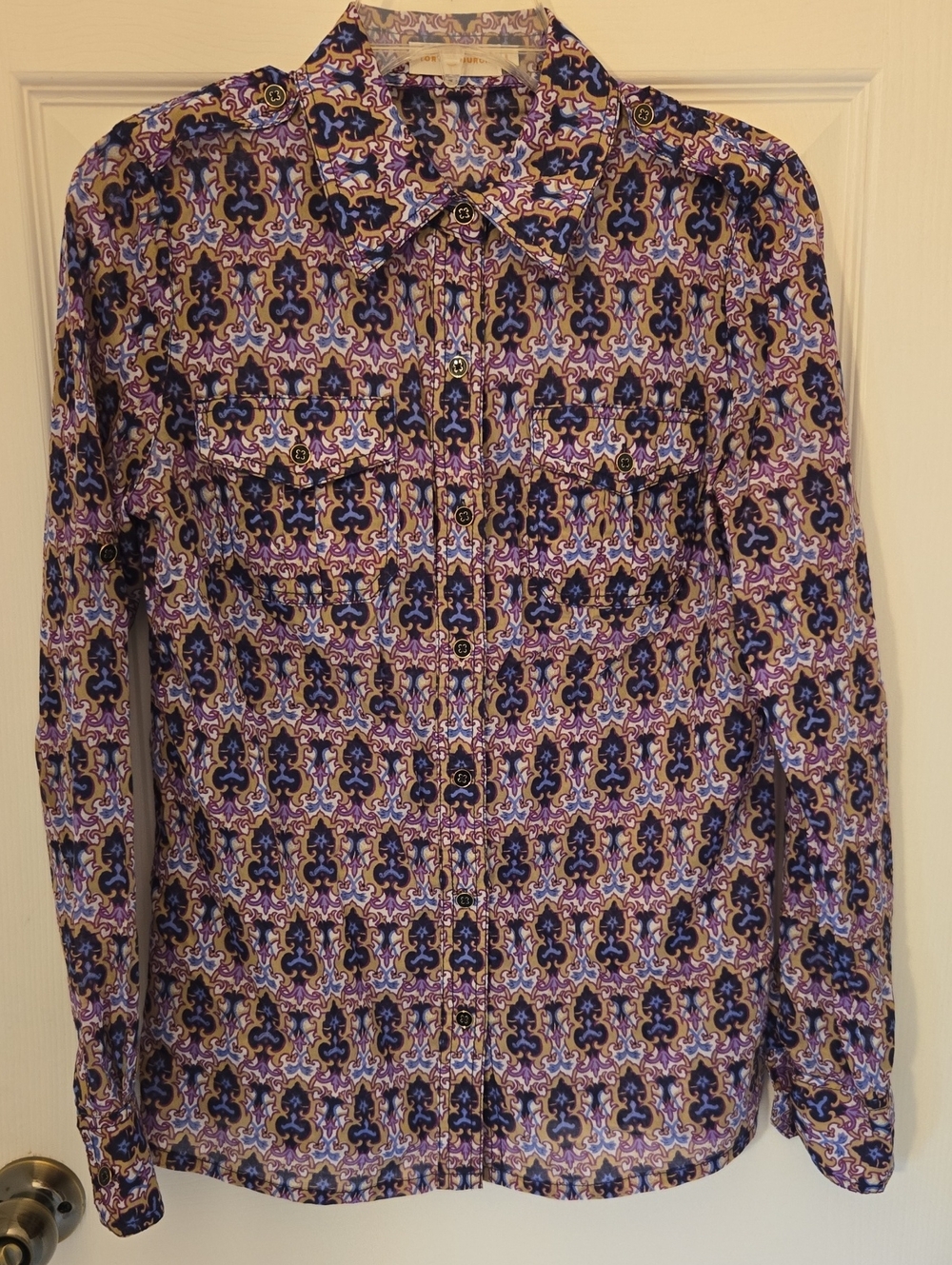 Tory Burch Blue and Purple Geometric Button-Down Blouse